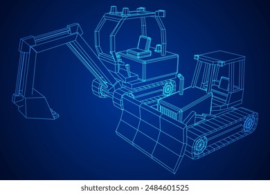 Heavy equipment excavator machine manufacturing power equipment for open pit mining. Wireframe low poly mesh vector illustration