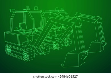 Heavy equipment excavator machine manufacturing power equipment for open pit mining. Wireframe low poly mesh vector illustration