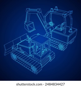 Heavy equipment excavator machine manufacturing power equipment for open pit mining. Wireframe low poly mesh vector illustration