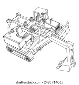 Heavy equipment excavator machine manufacturing power equipment for open pit mining. Wireframe low poly mesh vector illustration