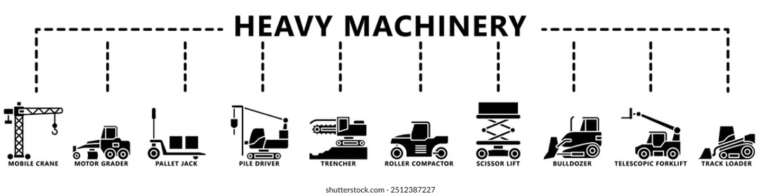Conjunto de ícones de glifos de equipamentos pesados, contém compactador, escavadora, escavadeira, escavadeira, grader, grua, carregador, palete jack e muito mais. vetor EPS 10. use para desenvolvimento de construções de interface do usuário, UX, app e web.