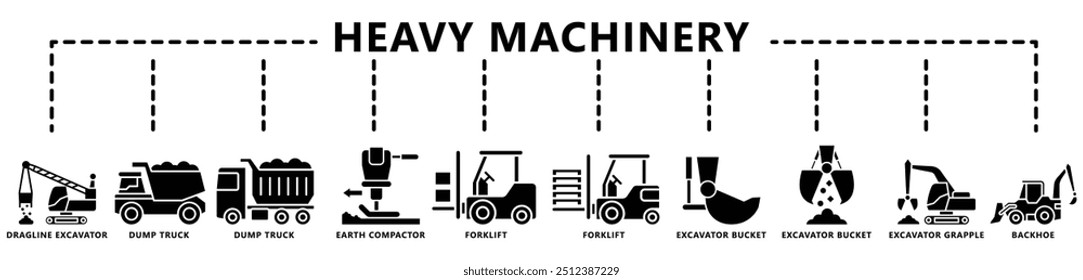 Conjunto de ícones de glifos de equipamentos pesados, contém compactador, escavadora, escavadeira, empilhadeira, caminhão de descarga e muito mais. vetor EPS 10. use para desenvolvimento de construções de UI, UX, app e web.