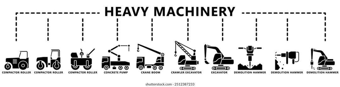 Heavy equipment glyph icon set, contain compactor, excavator, bulldozer, concrete pump, jackhammer and more. vector EPS 10. use for UI, UX, app and web constructions development.