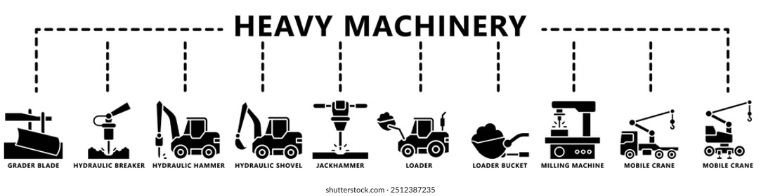 Heavy equipment glyph icon set, contain grader, excavator, bulldozer, crane, loader, jackhammer and more. vector EPS 10. use for UI, UX, app and web constructions development. 