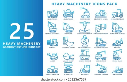 Heavy equipment gradient outline icon set, contain compactor, excavator, bulldozer, crane, loader, jackhammer and more. vector EPS 10. use for UI, UX, app and web constructions development.