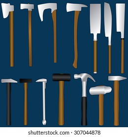 Heavy equipment includes saws, hammers, axes many types put on a dark blue background. In vector and illustration format.