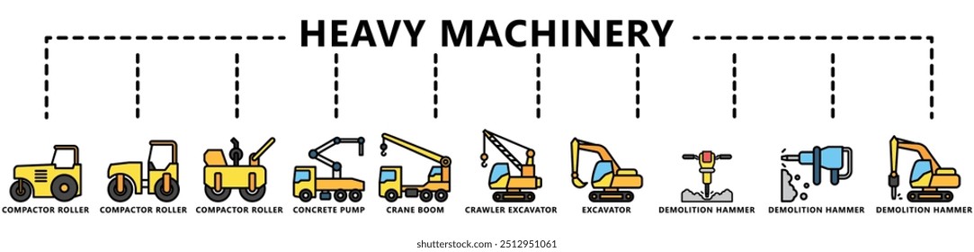 Equipamento pesado conjunto de ícone multi cor linear, contém compactador, escavadora, escavadora, bomba de concreto, martelo de jaqueta e muito mais. vetor EPS 10. use para UI, UX, app e web construções desenvolvimento.