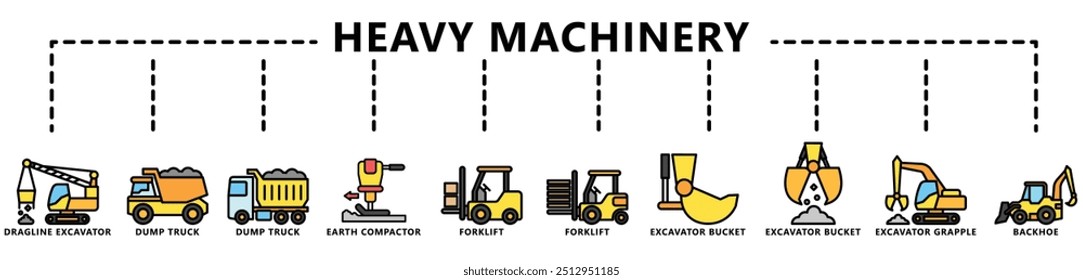 Equipamento pesado conjunto de ícones multi cor lineares, contém compactador, escavadora, escavadeira, empilhadeira, caminhão de despejo e muito mais. vetor EPS 10. use para desenvolvimento de construções de UI, UX, app e web.