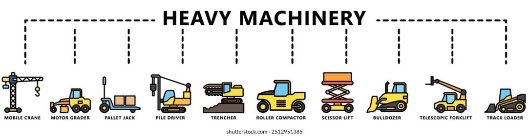 Equipamento pesado conjunto de ícone multi cor linear, contém compactador, escavadora, escavadora, escavadeira, grader, grua, carregador, palete jack e muito mais. vetor EPS 10. use para desenvolvimento de construções de interface do usuário, UX, aplicativo e web.