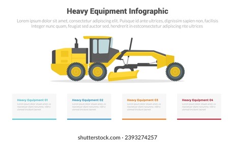 heavy equipment machine infographics template diagram with wheel tractor scrapers, with 4 point step creative design for slide presentation