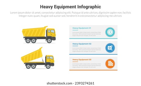 heavy equipment machine infographics template diagram with dump truck with 3 point step creative design for slide presentation