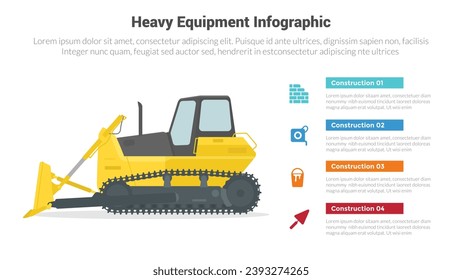 heavy equipment machine infographics template diagram with bulldozer with 4 point step creative design for slide presentation