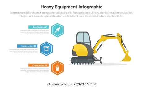 Infografikdiagramm für schwere Maschinen mit Bagger mit 3-Stufen-kreativem Design für die Präsentation von Folien