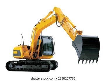 Heavy equipment machine manufacturing power equipment for open pit mining Big yellow front end loader tractor truck or wheel excavator isolated template white background.