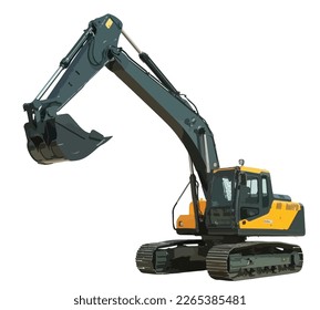 Heavy equipment machine manufacturing power equipment for open pit mining Big 3d orange yellow front end loader tractor truck or wheel excavator isolated template white background.