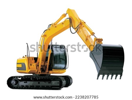 Heavy equipment machine manufacturing power equipment for open pit mining Big yellow front end loader tractor truck or wheel excavator isolated template white background.