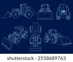 Heavy equipment and machinery detailed contour set. Outline of bulldozer. Vector illustration