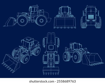 Heavy equipment and machinery detailed contour set. Outline of bulldozer. Vector illustration