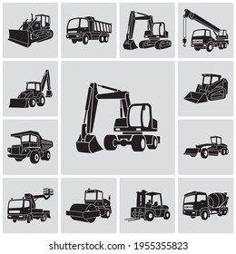 Heavy equipment and machinery detailed icons set