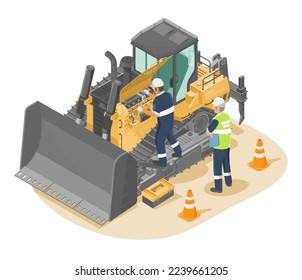 Heavy Equipment Maintenance engineering Construction vehicle work tractor excavato yellow Bulldozer quarry machine work tractor excavato machinery isometric