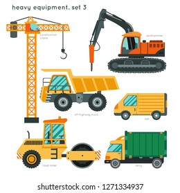 Heavy equipment set3: construction crane, jackhammer, off-highway truck,  road roller, van, lorry. Construction vehicles for kids 