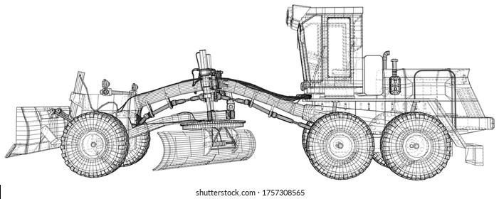 Heavy equipment vehicle. Grader. Wire-frame. Vehicle Vector Illustration transport. The layers of visible and invisible lines are separated. EPS10 format.