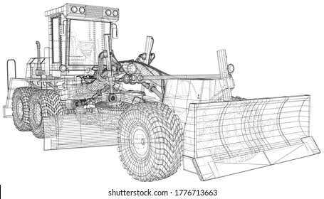 Heavy equipment vehicle. Grader. Wire-frame. Vehicle Vector Illustration transport. The layers of visible and invisible lines are separated. EPS10 format.