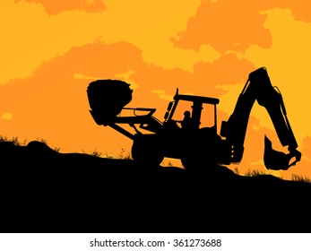 Heavy excavator loader silhouette, construction in progress concept