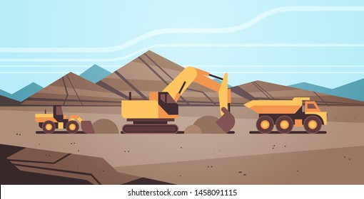 heavy excavator loading soil on dump truck professional equipment working on coal mine production mining transport concept opencast stone quarry background flat horizontal