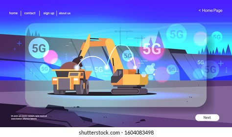 heavy excavator loading soil on dump truck 5G online wireless system connection professional equipment working on coal mine opencast stone quarry background flat horizontal copy space vector