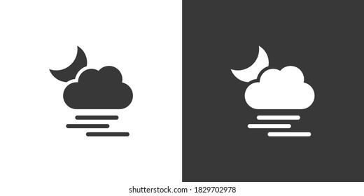 Heavy fog, cloud and moon. Isolated icon on black and white background. Weather vector illustration