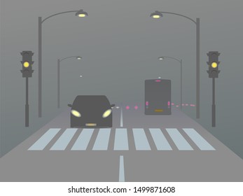 Heavy fog over highway and cars.Vector illustration