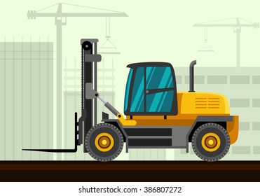 Heavy forklift industrial crane with construction background. Side view crane vector illustration