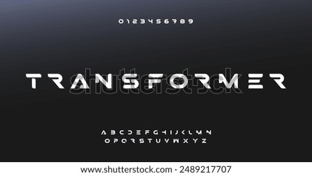 Heavy futuristic typeset, bold cutting-edge sans-serif letters numbers, impactful innovative alphabet for tech logos, sci-fi headlines, tech-inspired digital typography. Vector illustration