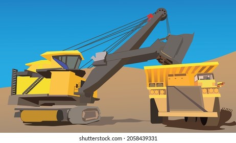 Heavy and giant vehicle for mining activity. Excavator loading mine to giant truck. Industrial activity