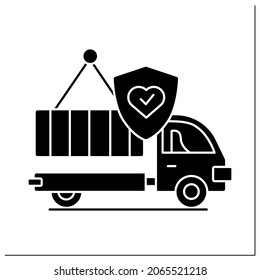 Heavy goods delivery glyph icon. Truck and sea cargo container loaded. Safe international trade logistics during coronavirus pandemic outbreak.Filled flat sign. Isolated silhouette vector illustration