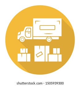 Heavy goods delivery yellow flat design long shadow glyph icon. Cargo shipping lorry. Freight transportation truck. Delivery van. Postal vehicle. Export and import. Vector silhouette illustration