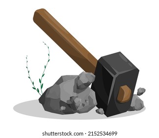 Un pesado martillo golpea las piedras. Extracción de mineral y minerales. Trabajo físico duro. Vector de caricatura aislado en fondo blanco