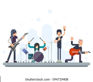 Heavy Hard Rock Folk Group Band Music Icons Guitarist Singer Bassist Drummer Concept Flat Vector Illustration