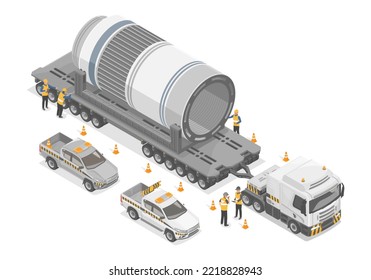 heavy haulage oversize load big and long good special transportation for industrial logistics spaceship parts shipping isometric isolate on white background