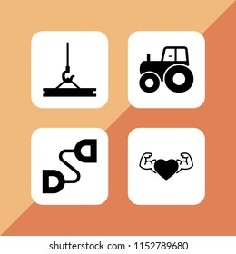 heavy icon. 4 heavy set with crane, tractor side view, gym and muscular vector icons for web and mobile app