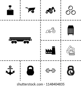 Heavy icon. collection of 13 heavy filled and outline icons such as wheel barrow, factory, hook with cargo, barbell, cargo container. editable heavy icons for web and mobile.