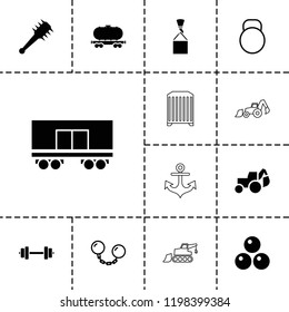 Heavy icon. collection of 13 heavy filled and outline icons such as cargo wagon, mace, canon ball, kettle, ball chain. editable heavy icons for web and mobile.