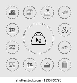 Heavy icon. collection of 13 heavy outline icons such as factory, cargo on palette, cargo wagon, weight, construction  crane. editable heavy icons for web and mobile.