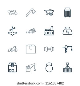 Heavy icon. collection of 16 heavy outline icons such as construction crane, wheelbarrow, cargo container, anchor, cargo on hook. editable heavy icons for web and mobile.