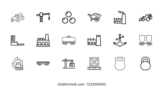 Heavy icon. collection of 18 heavy outline icons such as factory, construction crane, excavator, wheelbarrow, barbell, cargo wagon. editable heavy icons for web and mobile.