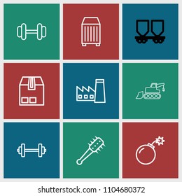 Heavy icon. collection of 9 heavy outline icons such as factory, barbell, cargo container, bomb, mace, excavator. editable heavy icons for web and mobile.
