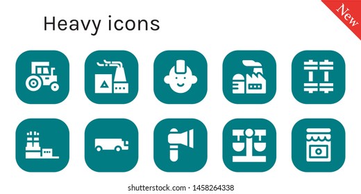 heavy icon set. 10 filled heavy icons.  Collection Of - Tractor, Factory, Punk, Weights, Cargo truck, Axe, Balance, Jam