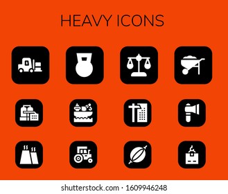 heavy icon set. 12 filled heavy icons.  Simple modern icons such as: Forklift, Factory, Dumbbell, Tractor, Balance, Crane, Punching bag, Wheelbarrow, Axe