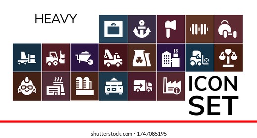 heavy icon set. 19 filled heavy icons.  Simple modern icons such as: Weight, Forklift, Punk, Factory, Balance, Lorry, Wheelbarrow, Crane, Nuclear plant, Anchor, Axe, Dumbbell